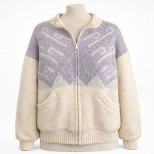 Vintage 70s Icelandic Fair Isle Wool Bomber Jacket Cream Purple Sz L Nordic Zip